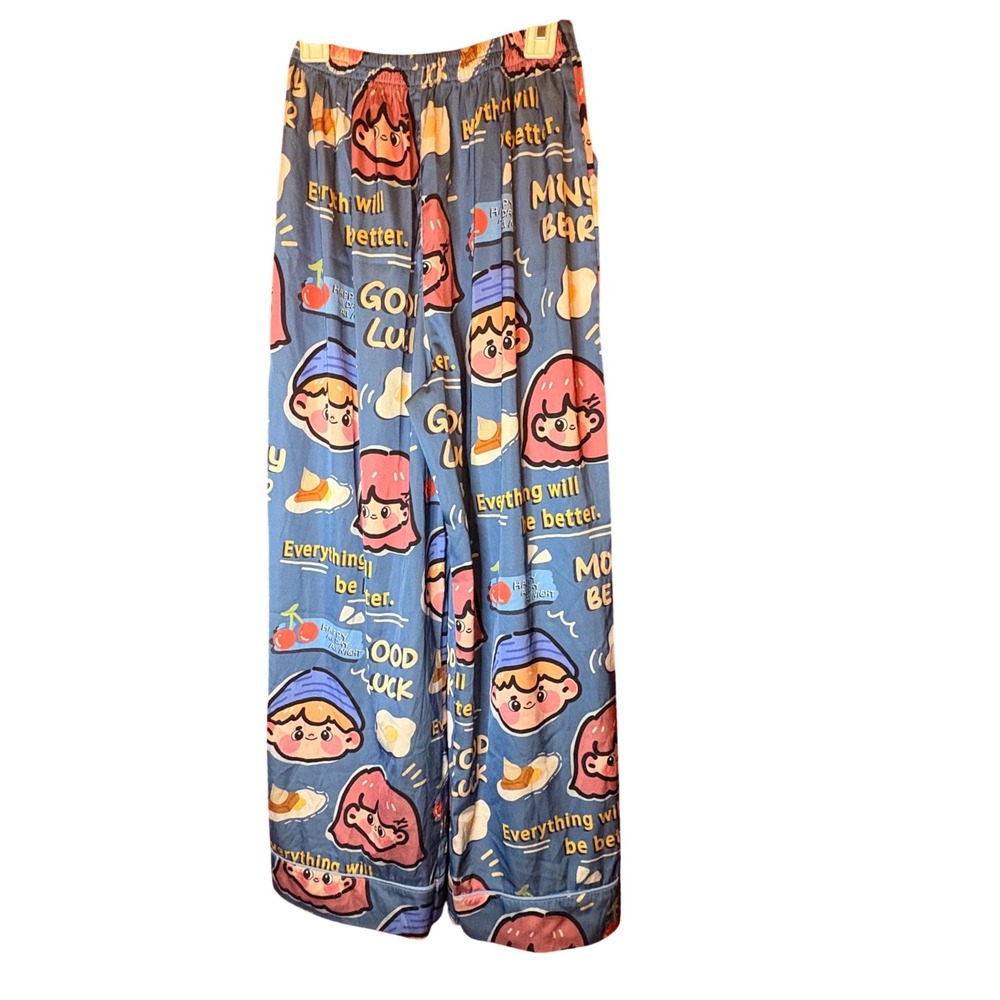 Kids Blue Kawaii Cartoon Graphic Pajama Pants Elastic Waist Wide Leg Sleepwear